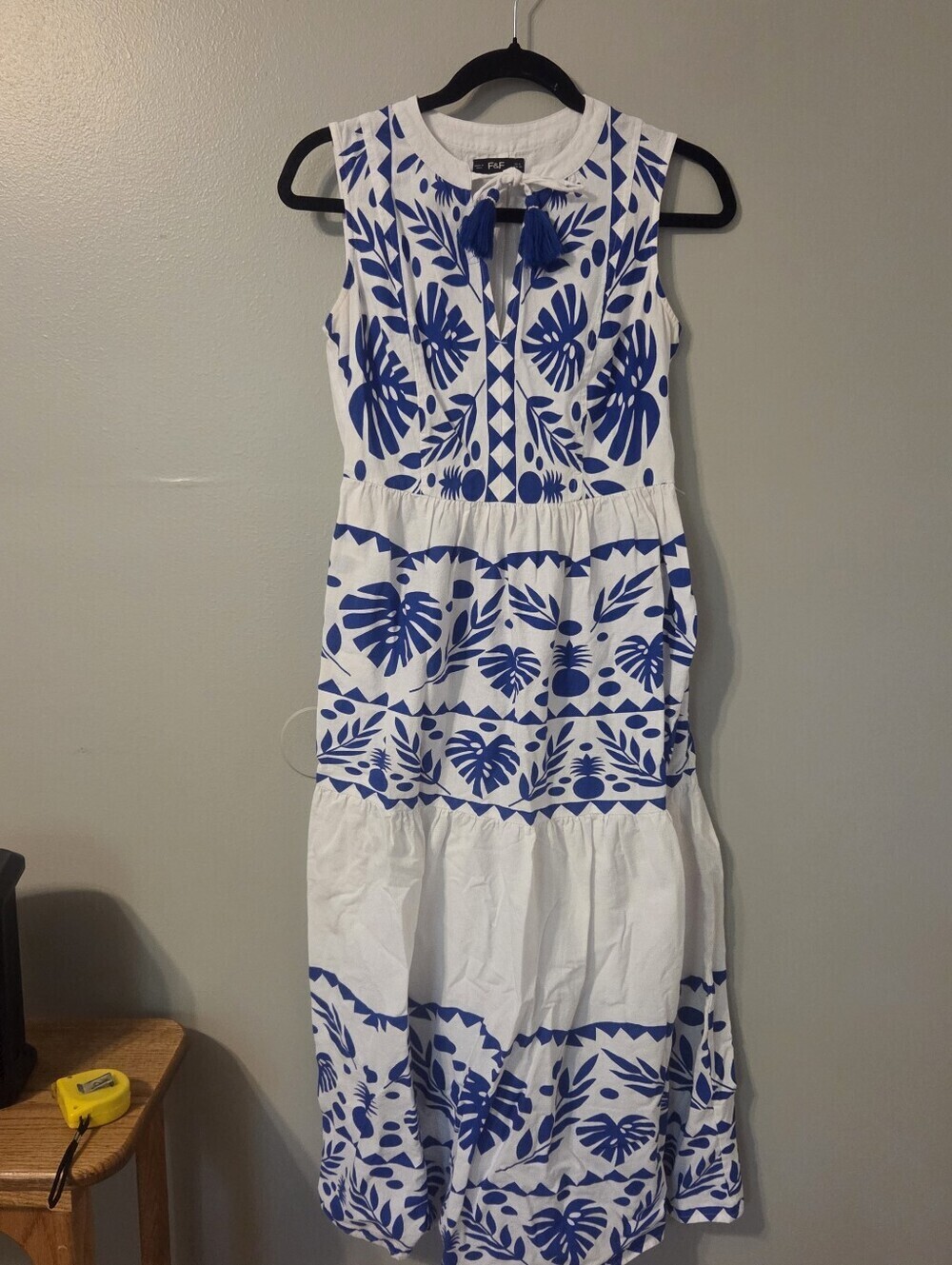 F&F Womens White/Blue Floral Peasant Cottagecore Maxi Dress. Sz Uk 8= Sz 4 - Picture 4 of 8